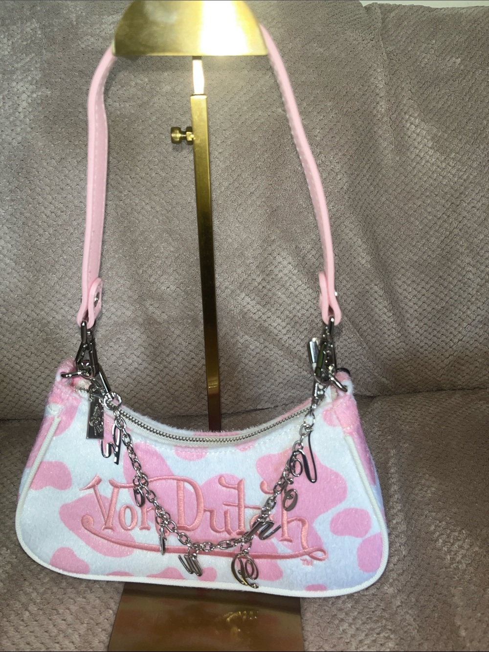 Von Dutch Pink & White Cowprint Mini Shoulder Bag New Without Tags - Picture 5 of 10